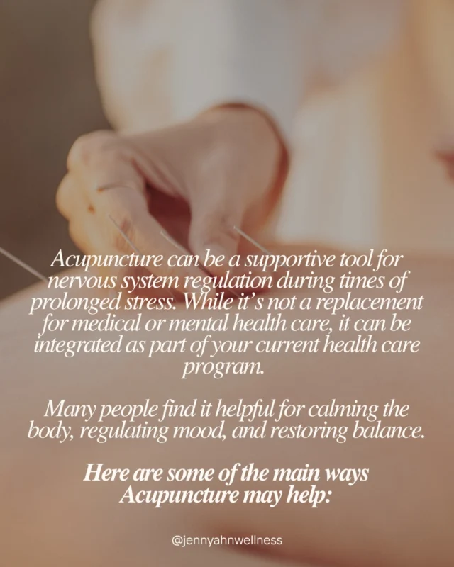 Acupuncture can be a supportive tool for nervous system regulation during times of prolonged stress. While it’s not a replacement for medical or mental health care, it can be integrated as part of your current health care program. 

Many people find it helpful for calming the body, regulating mood and restoring balance.😌

Check out the following slides to learn more🕊️