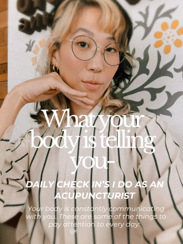 What your Body is Telling You- Daily Check-In’s I do as an Acupuncturist✨

🕊️Poop Check: Yes I check my poop every single day!

Color, consistency, frequency, odor, and ease of elimination, indicate digestive function. 🙌🏽Undigested food or loose stools may indicate spleen qi / digestion is weak. 🙌🏽Dry stools/constipation can be due to inefficiency or excess heat/stress leading to dryness.

🕊️Tongue Coating: I checked the coating every morning, which is indicative of how well my body is digesting. I pay attention to its thickness, color, and texture. 🙌🏽A thick coat indicate poor digestion, too much greasy or sugary foods from the previous day, and expelled out from undigested foods. 🙌🏽No coat: too much heat &/or dryness. 🙌🏽A thin white coat is preferable and indicative of healthy digestion. 

🕊️Skin health: skin health in TCM is reflective of our internal state. Changes in texture, moisture, tone, dryness, breakouts, or inflammation offer clues about sleep, digestion, hydration, and circulation.

I look at the quality of my skin when I wake up and that shows me how much I need to hydrate what foods to focus on how much trust I need that day and my focus on sleep that night.

🕊️Pulse Reading: this might be more advanced, but I like to check my pulse when I wake up. I check not only the rate and rhythm, but the quality of the pulse, and how the vessels feel beneath my fingers and how it feels when blood moves through them.

As an acupuncturist, this practice is part of our diagnosis, and it gives us insight into the state of Chi and blood, and how the bodies organ systems are functioning. Checking my pulse gives me information about my own internal organ system, and how best I can support my body that day.

✨Our bodies are constantly communicating with us. You can check in with your bodily functions on a daily basis to give you clues about your own inner landscape. This is preventative care at work, and how we take health into our own hands. 

If you have any questions feel free to reach out!🙌🏽