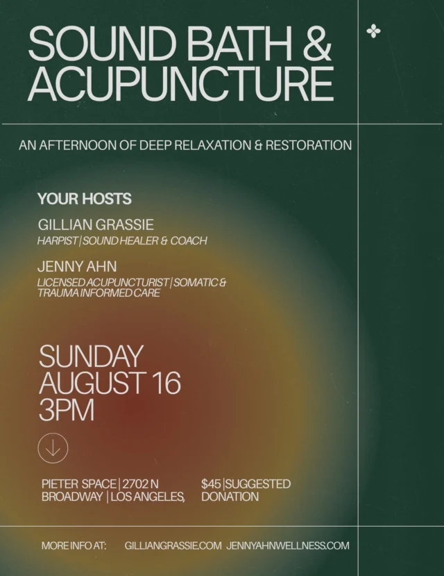 Sound Bath & Acupuncture✨
Sunday August 16th, 3pm @pieterperformancespace 

I’m super excited to share this new collaboration that has been in the works for some time with @gilliangrassie who is a talented musician, coach & facilitator. Its also exciting to finally bring sound & acupuncture together in a community setting🫶🏼 Check out the details below:

Join harpist and sound healer Gillian Grassie and Jenny Ahn, licensed acupuncturist for an afternoon of deep relaxation and restoration.✨

Settle in and receive the dual benefits of select acupuncture points that focus on stress relief and relaxation, while bathed in the vibrations of live harp music, chimes, and singing bowls in the presence of others for a community healing experience.

A perfect wind down from your weekend, or an ideal way to start the week refreshed. Come one, come all✨

More info on my 🔗 in Bio